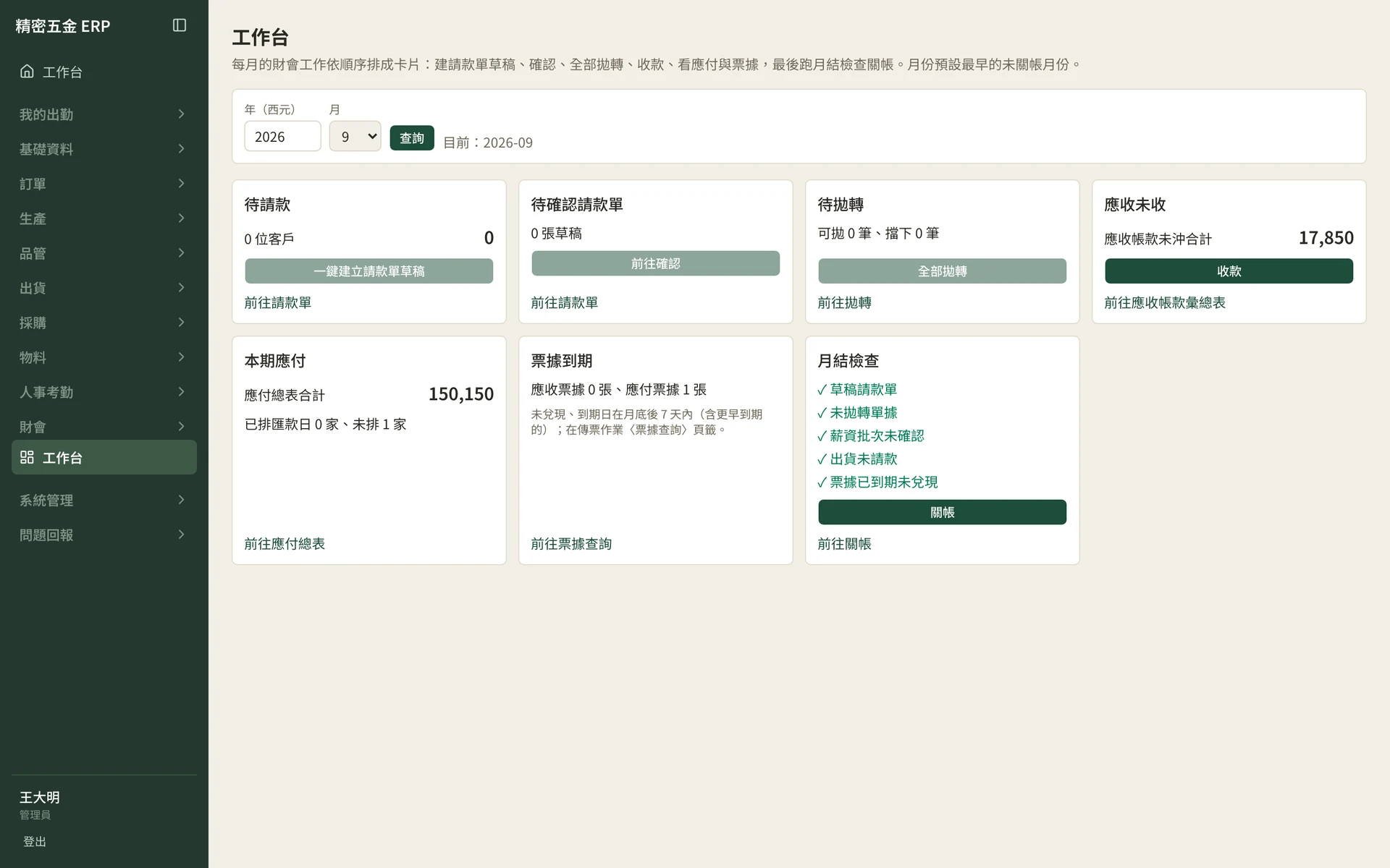 製造業 ERP 財會工作台，依月份排列待請款、待確認、待拋轉、應收未收與月結檢查（範例資料）