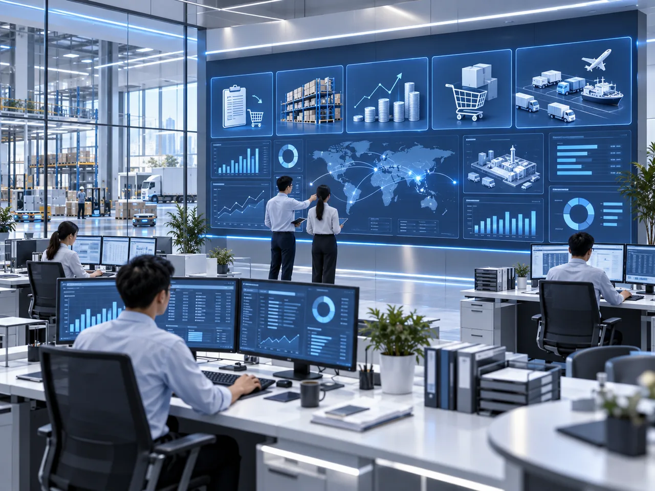 企業營運人員查看訂單、庫存與管理資訊的 AI 情境示意