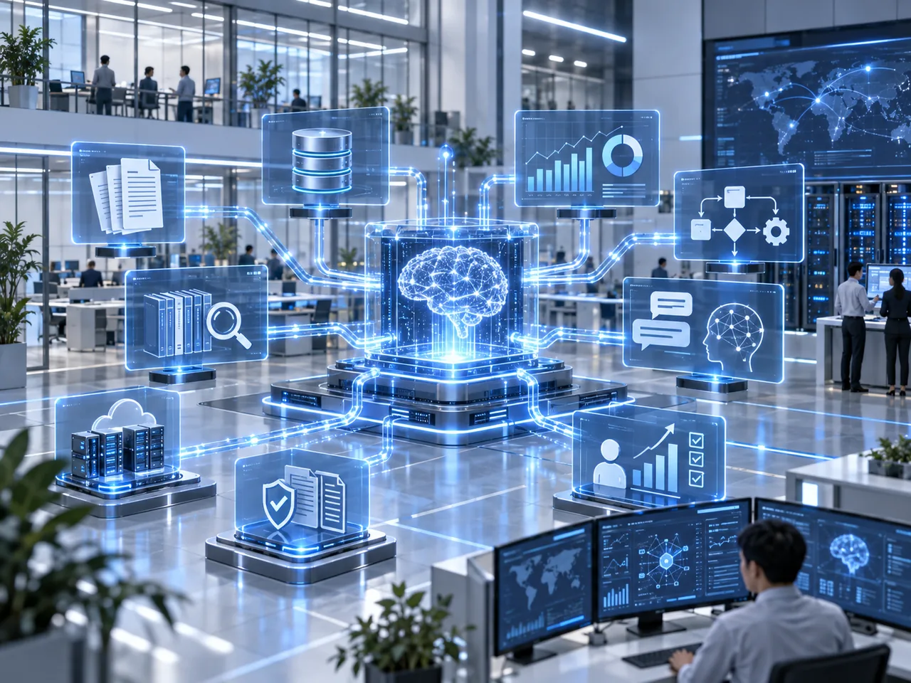 企業人員使用 AI 與資料整合介面的 AI 情境示意