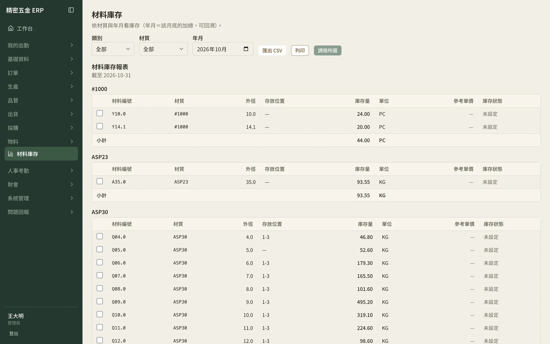 製造業 ERP 材料庫存報表，依材質列出材料編號、外徑、存放位置與庫存量（範例資料）