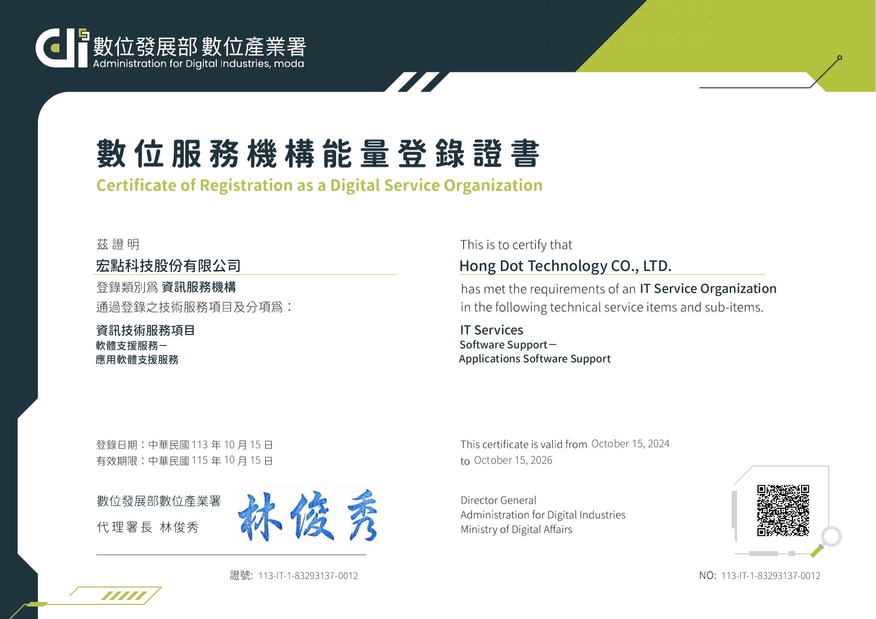 數位服務機構能量登錄證書，數位發展部 數位產業署核發給宏點科技股份有限公司，證書字號 113-IT-1-83293137-0012