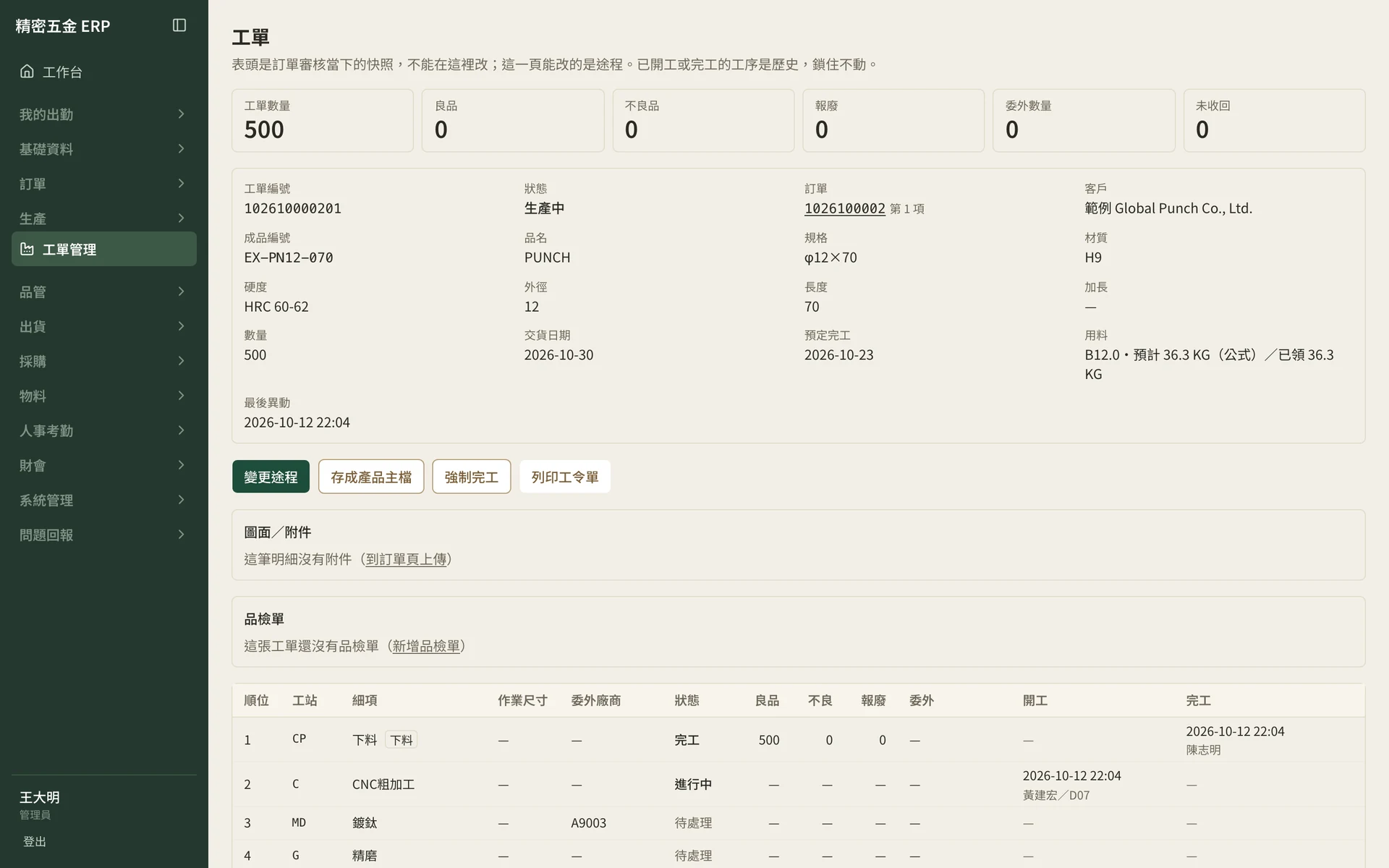 製造業 ERP 工單明細畫面，呈現工單數量、狀態、訂單關聯、用料與各工序執行狀態（範例資料）